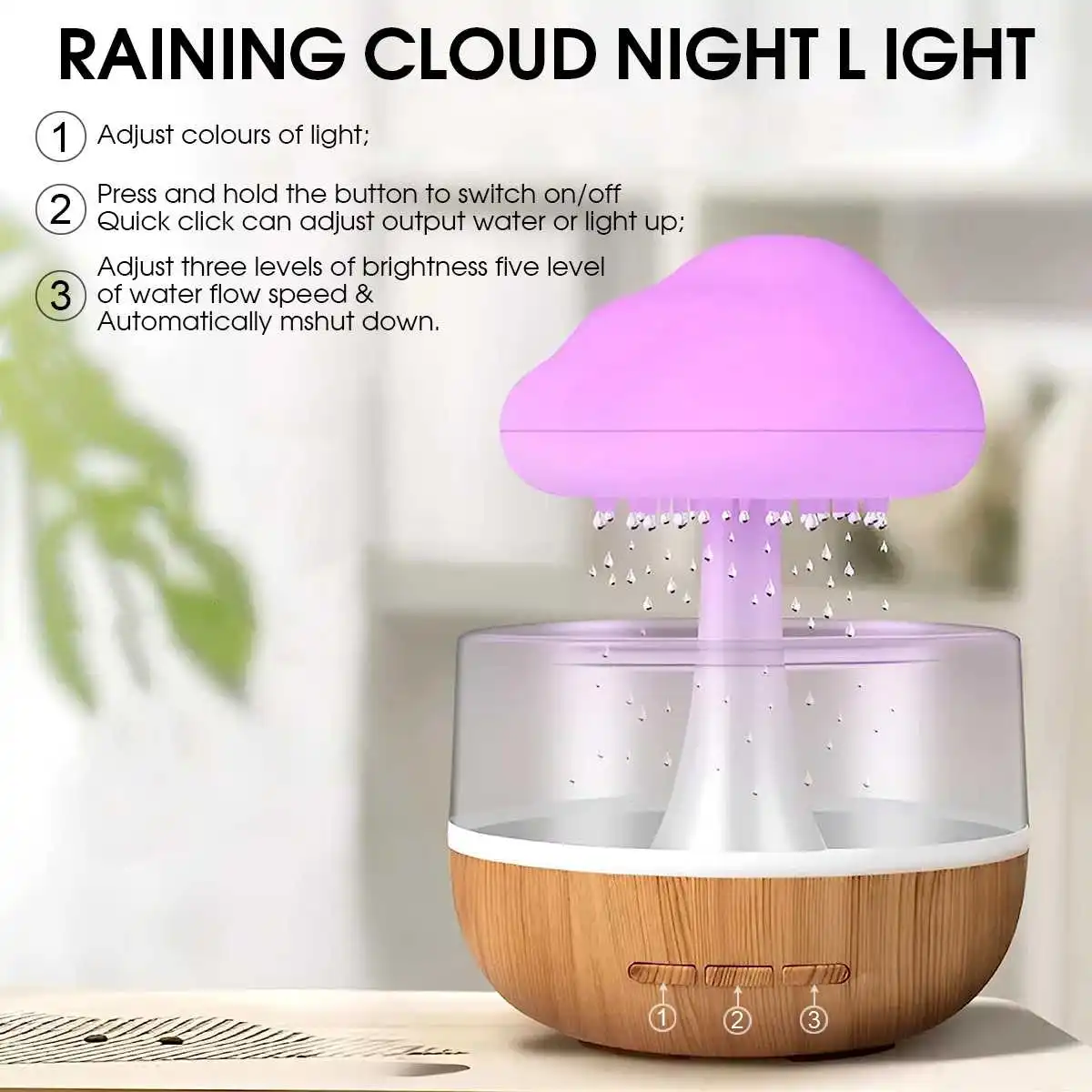 Rain Cloud Humidifier Night Light | 7 Color Aromatherapy Essential Oil Diffuser | Mushroom Design | Water Drop Sound | White