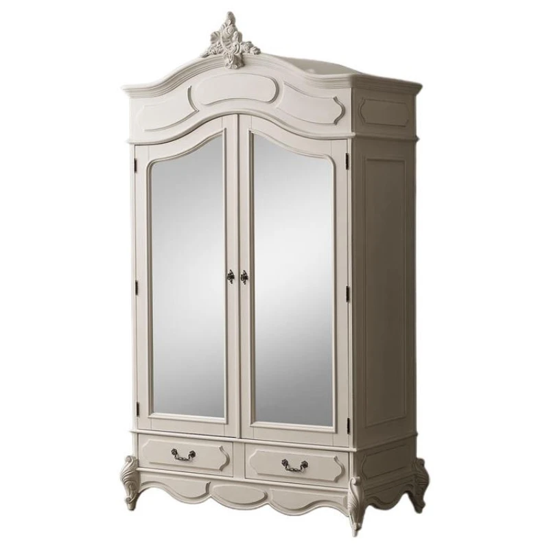 **French Solid Wood Wardrobe Home Bedroom Children's Double Door Drawer Wardrobe American White Girl Room Small Storage