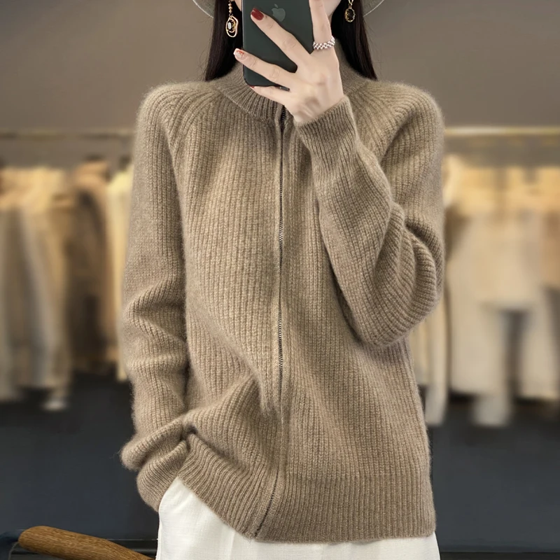 100% Pure Wool Zipper Cardigan Padded Shoulder Stand Collar Women's Cashmere Knitted Coat New Lapel Sweater