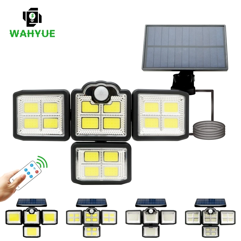 LED Solar Lights 192/198 COB Outdoor 4 Head Motion Sensor Patio Garden Lights Waterproof 3 Modes with Remote Control Wall Lamp