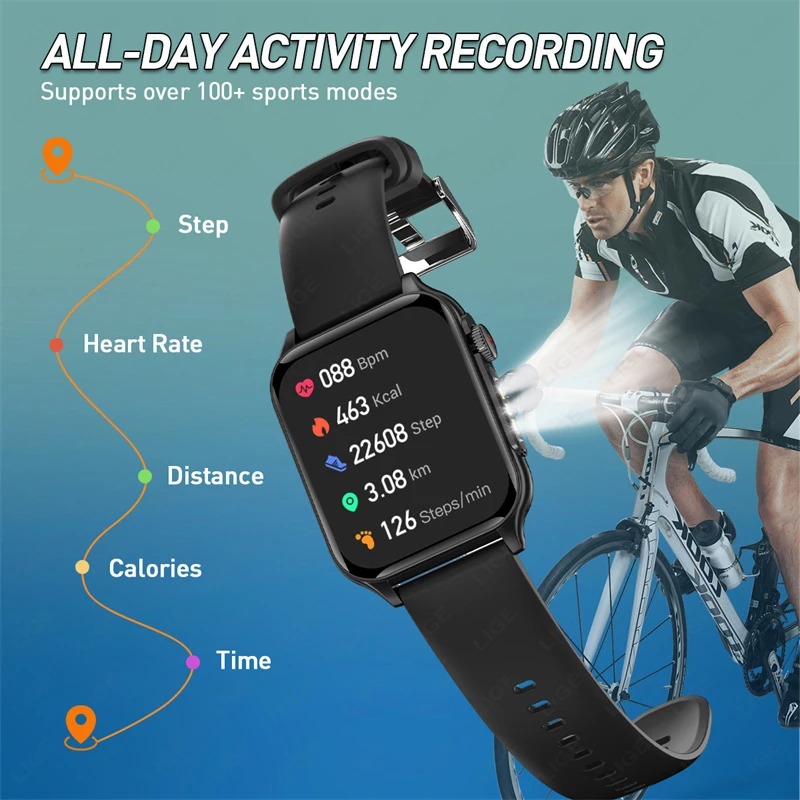 New 1.96"Smart Watches Men Women LED Flashlight 3ATM Waterproof Sport Watch Fitness Tracker Heart Rate Monitoring Smartwatch Man