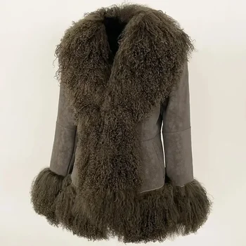 Autumn Winter Women Coat Real Natural Mongolia Sheep Fur Turn-down Collar New Fashion Jacket Thick Warm Casual Overwear 1
