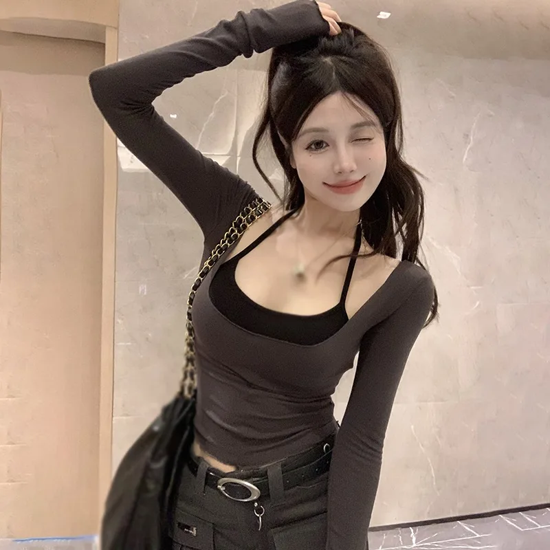 Slim Long Sleeves T-shirt Two Piece Set Women's Short Camisole Summer Outdoor Street Mall Shopping Tops Cooling Clothes101_voghion.com