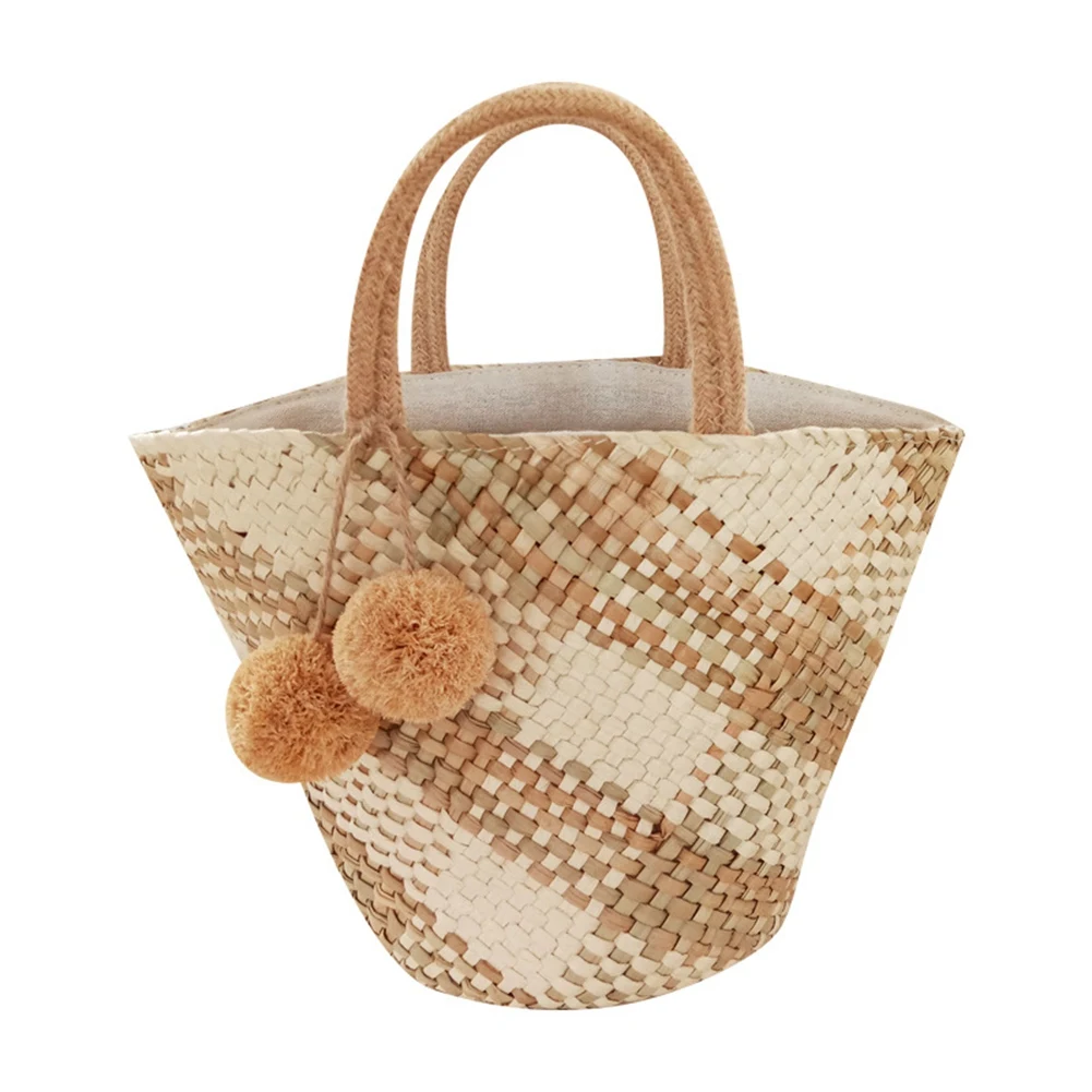 

Plaid Straw Bag Women 2021 Vintage Handmade Weave Large Basket Round Nature Tote Beach Rattan Bag Holiday Leisure