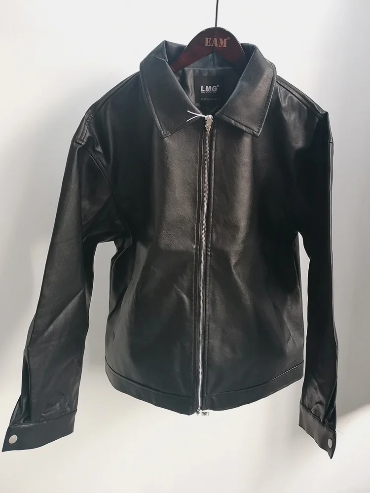 men's leather jacket IEFB Korean Chic Double Zipper Men's PU Leather Jacket 2022 New Black Simple Trendy Lapel Spring Black Coats Chic Casual 9A1175 men's genuine leather blazers