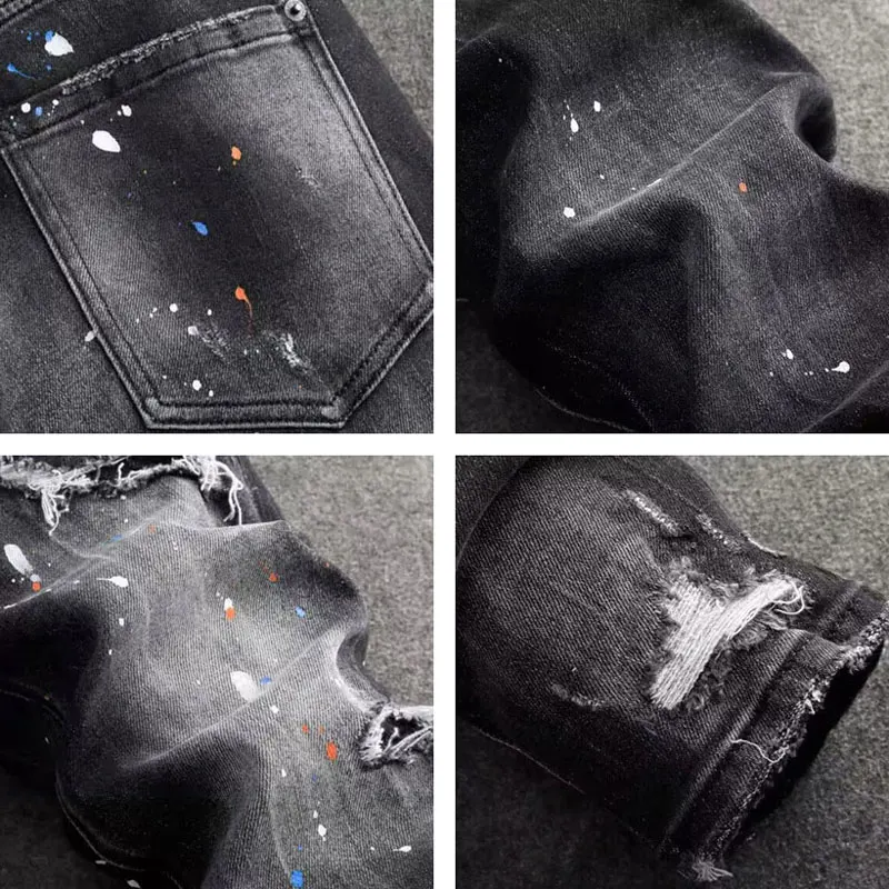 Streetwear Fashion Men Jeans High Quality Retro Black Gray Stretch Slim Fit Painted Designer Ripped Jeans Men Brand Pants Hombre