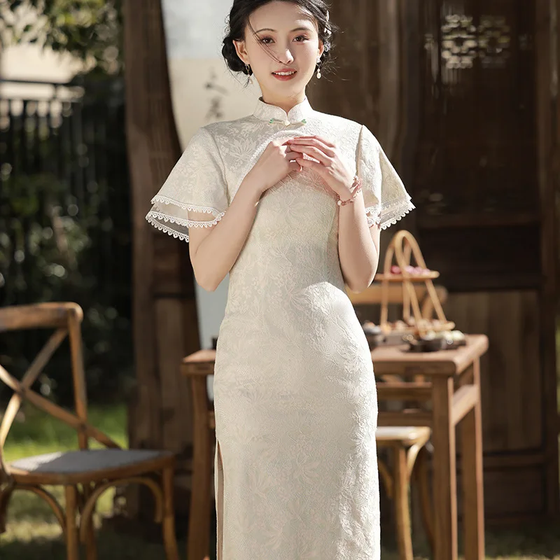 

Vintage Cotton Lace Cheongsam Women Sexy Slim Split Qipao Classic Chinese Traditional Evening Party Dress