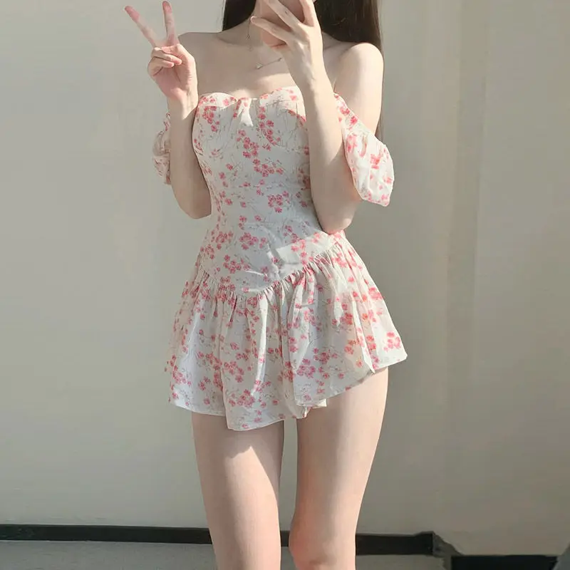 Summer New Printed With Chest Pad Without Steel Support Pure Desire Wind Hot Spring Conservative One Piece Skirt Swimsuit