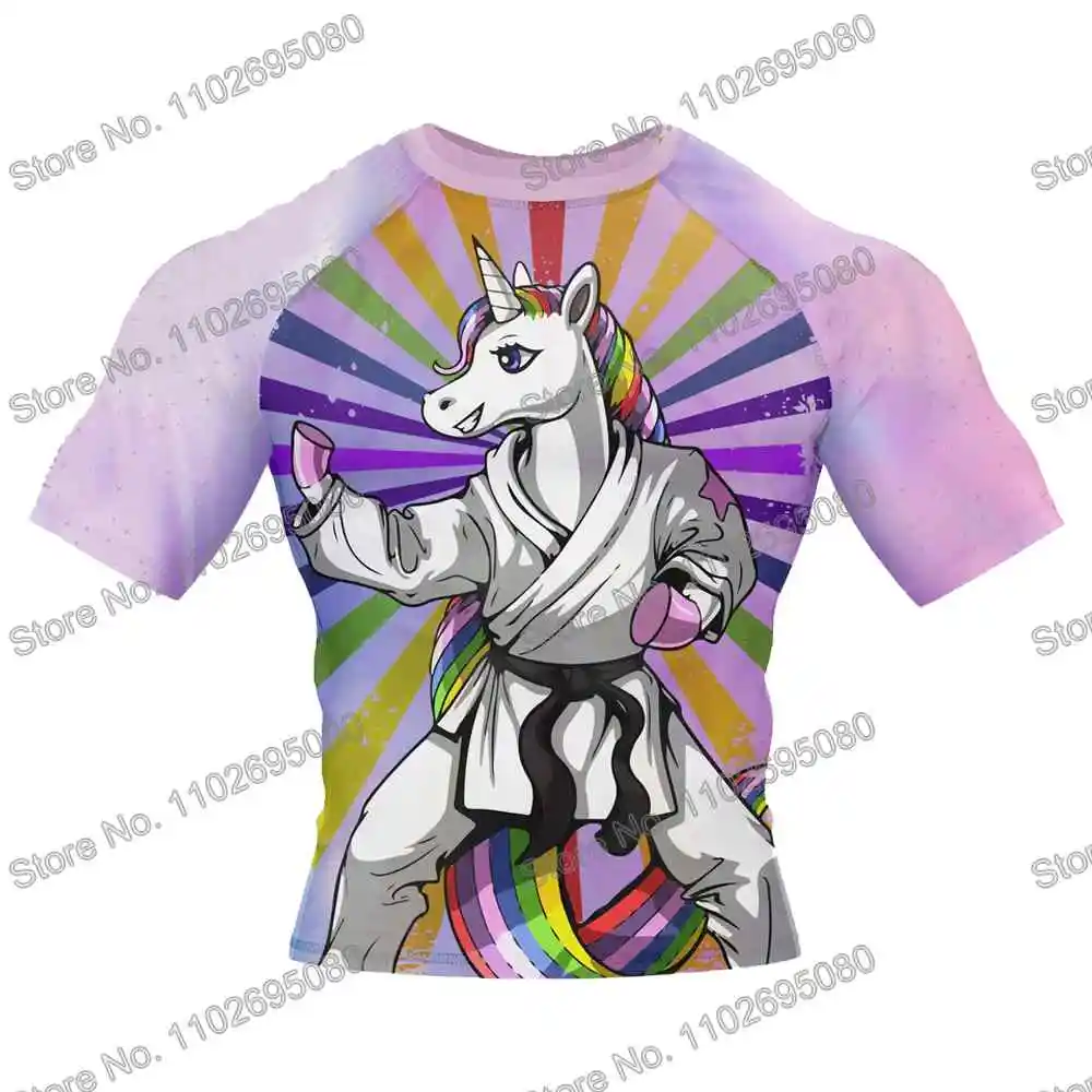 Unicorn Surf Clothing BJJ MMA Men Rash Guard Short Sleeve Diving T-Shirt Tight Swimwear Summer Beach Floatsuit Women GYM Tops