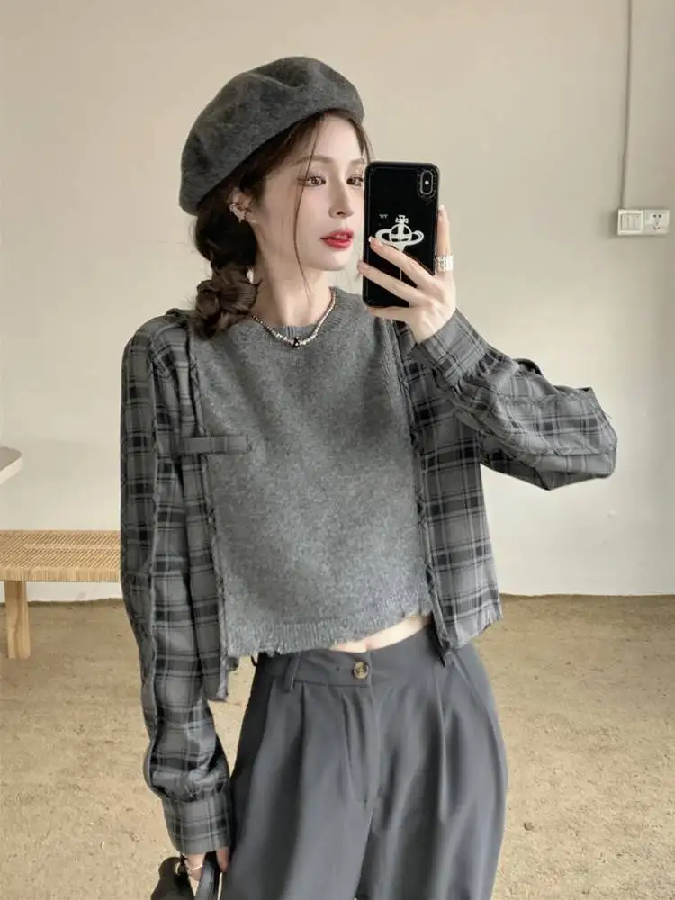 

Checkered Shirt Patchwork Knit Sweater, with A Design Sense That Is Niche, Loose Short Sleeved Top, Women's Spring and Autumn