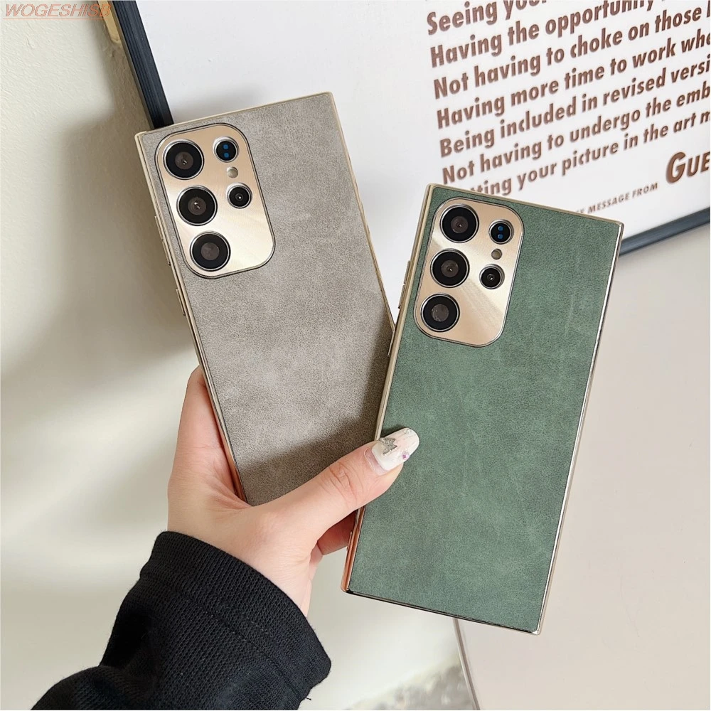 

Metal Lens Suede Lambskin Leather Phone Case For Samsung Galaxy S22 S23 S24 Plus Ultra Gold Plating Bumper Matte SheepSkin Cover