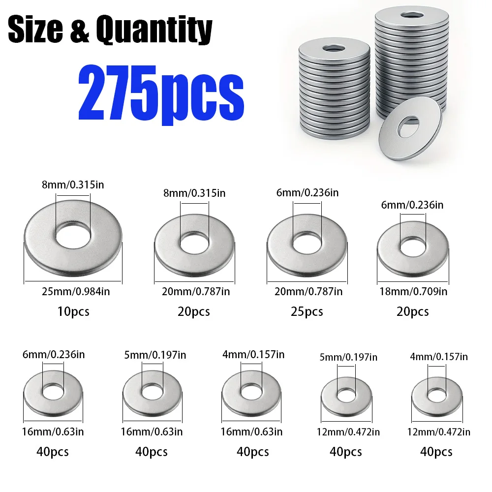 Enhanced Large Wide-Body Stainless Steel Flat Washers - 275 Pieces