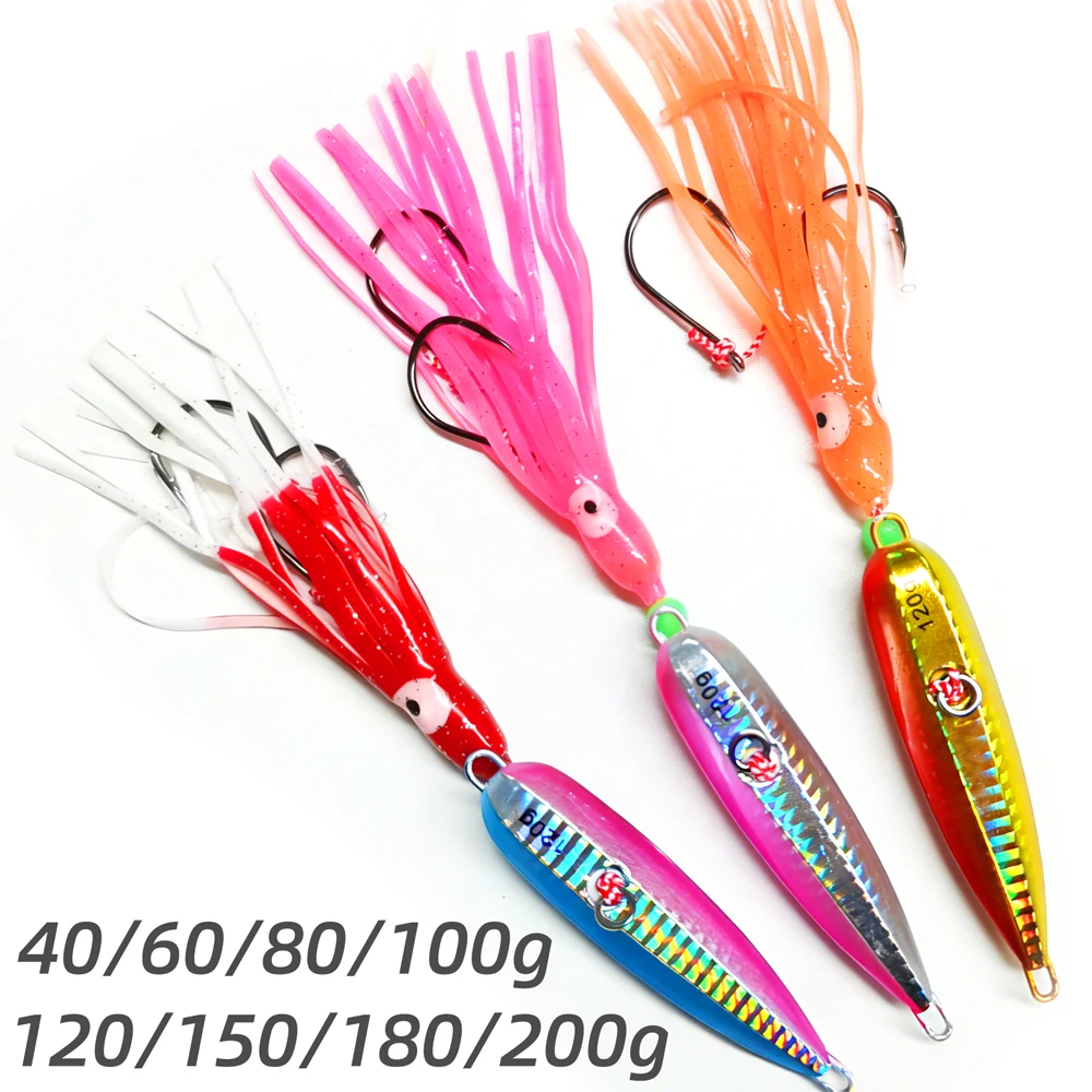 1PC Jig Lockt 40g-200g Langsam Metall Jig Leuchtende Tintenfisch Haken Sinkende Salzwasser Spinning Angeln für Marlin Snapper Zuttler