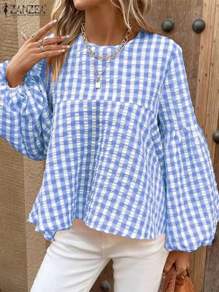 

Праздничная блузка ZANZEA с длинным рукавом-фонариком, Женская клетчатая блузка в клетку, модная рубашка с круглым вырезом, повседневные женские блузки большого размера 2023