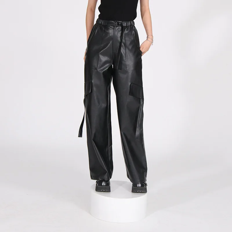 

Autumn Pants for Women Clothes 2023 Splice Lace Up Fashion Versatile Casual High Waist PU Leather Trousers Streetwear Female