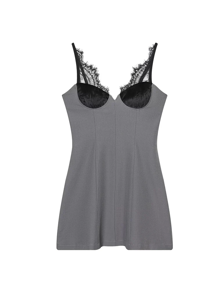 Women Strap Mini Dress Chic Lace Patchwork Sleeveless Sexy Deep V-neck Party Dresses 2026 New Female Slimming Sling Dress