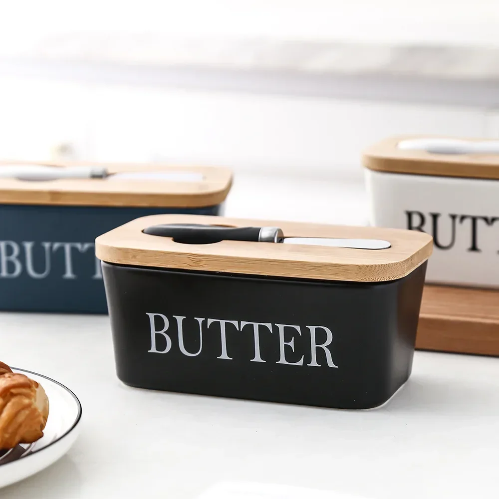Nordic Butter Sealing Box Ceramic Butter Plate Cheese Storage Tray Dish Container Box Dish with Wood Lid and Knife