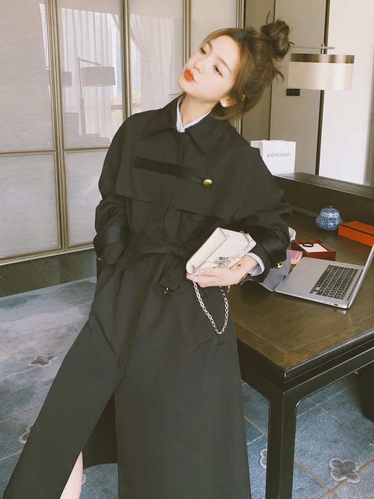 

Fashion Korean Style Women Long Trench Coat Black Spring Autumn Lady Duster Coat Single-Breasted Outerwear