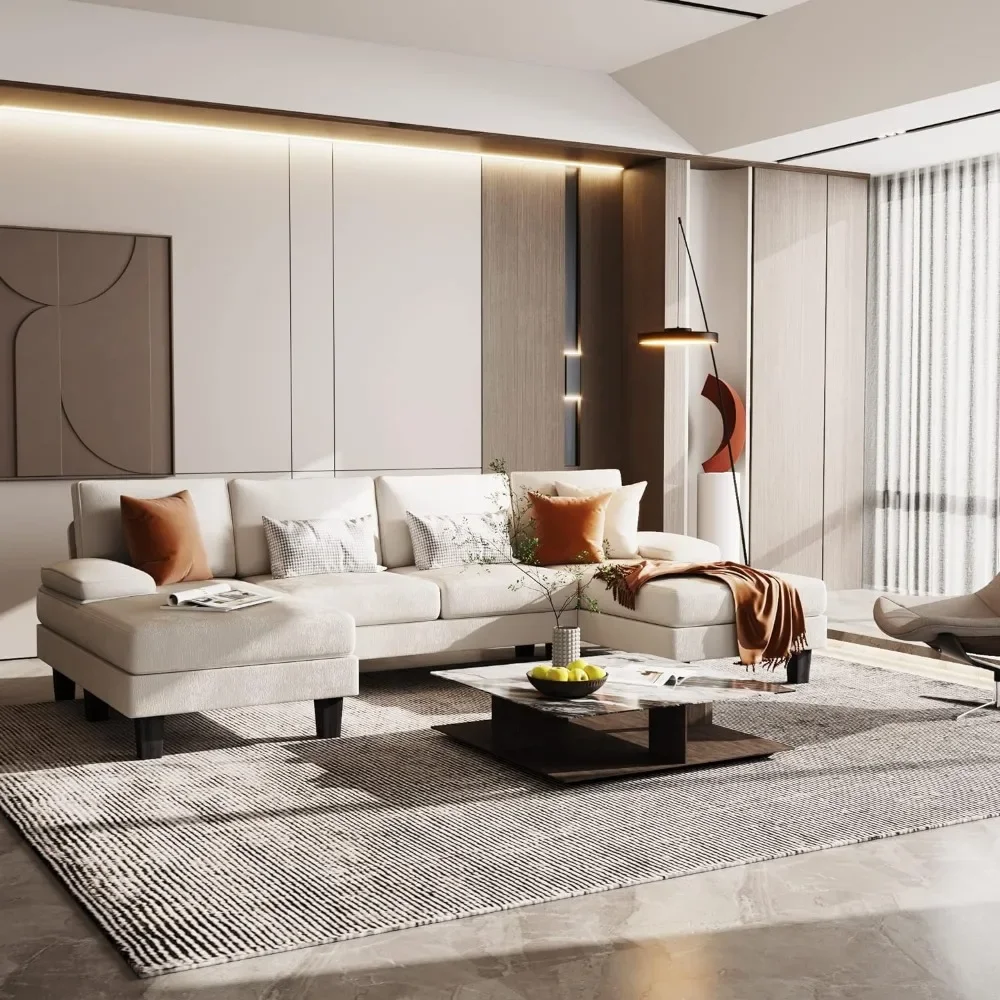 

Convertible Sectional Sofa Couch,Modern Chenille Fabric U-Shaped,4-Seat with Long Chaise for Living Room Sofas,White Couch Sofas