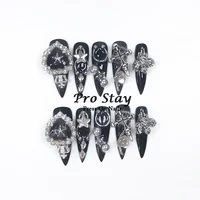 10pcs Dark black Y2k Hot Girl Handmade Press On Nails Sweet Cool  With Diamond Metal Decoration Wearable Artificial False Nail 5