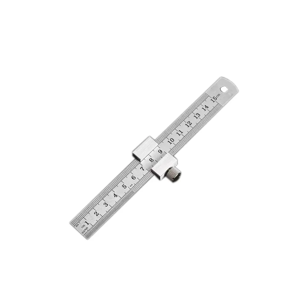 Steel ruler positioning block front view, showing compact and sturdy design
