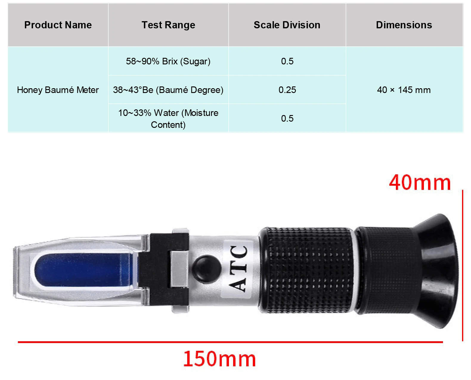 Portable Honey Concentration Refractometer with ATC Brix Moisture Baume Tester f