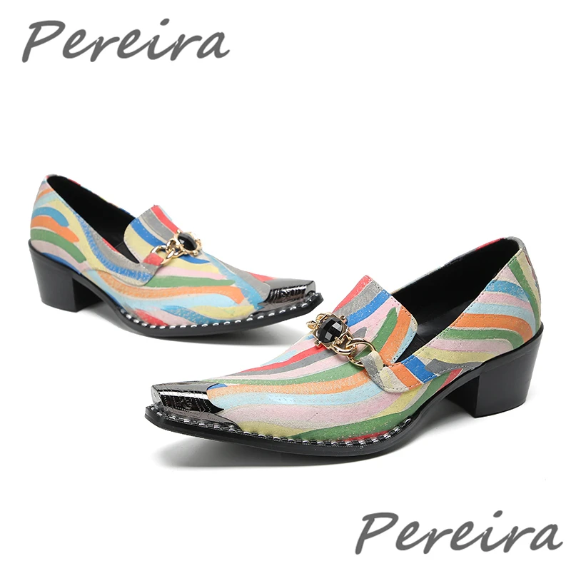 Fashion Genuine Leather Men's Shoes Colorful Stripe Rhinestone Men High Heels Metal Toe Mixed Colors Slip-On Formal Dress Shoes