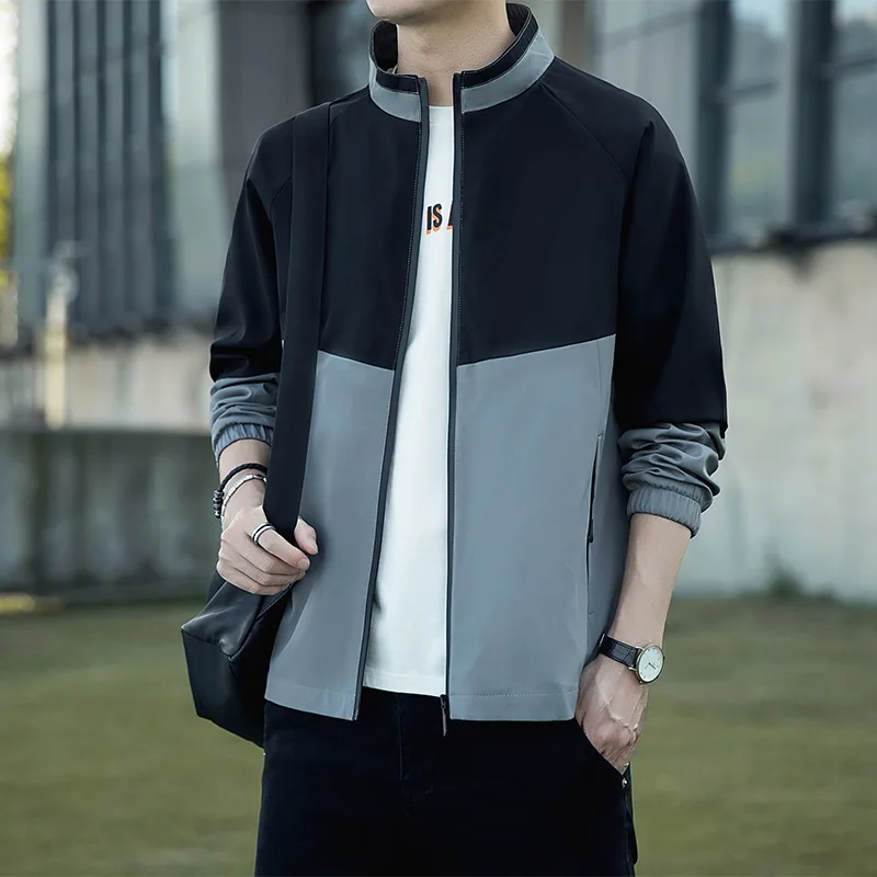 Spring Autumn Men's Long Sleeve Standing Neck Jacket Fashion Color Matching Casual Versatile Top Slim Fitting Sport Coat