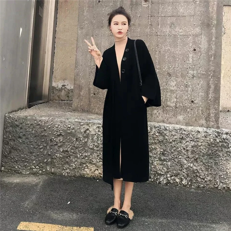 New 2024 Autumn Winter Women Sweaters Knitting Warm Korean Style Elegant Cardigan Casual Long Coat Outerwear Ladies Black Khaki