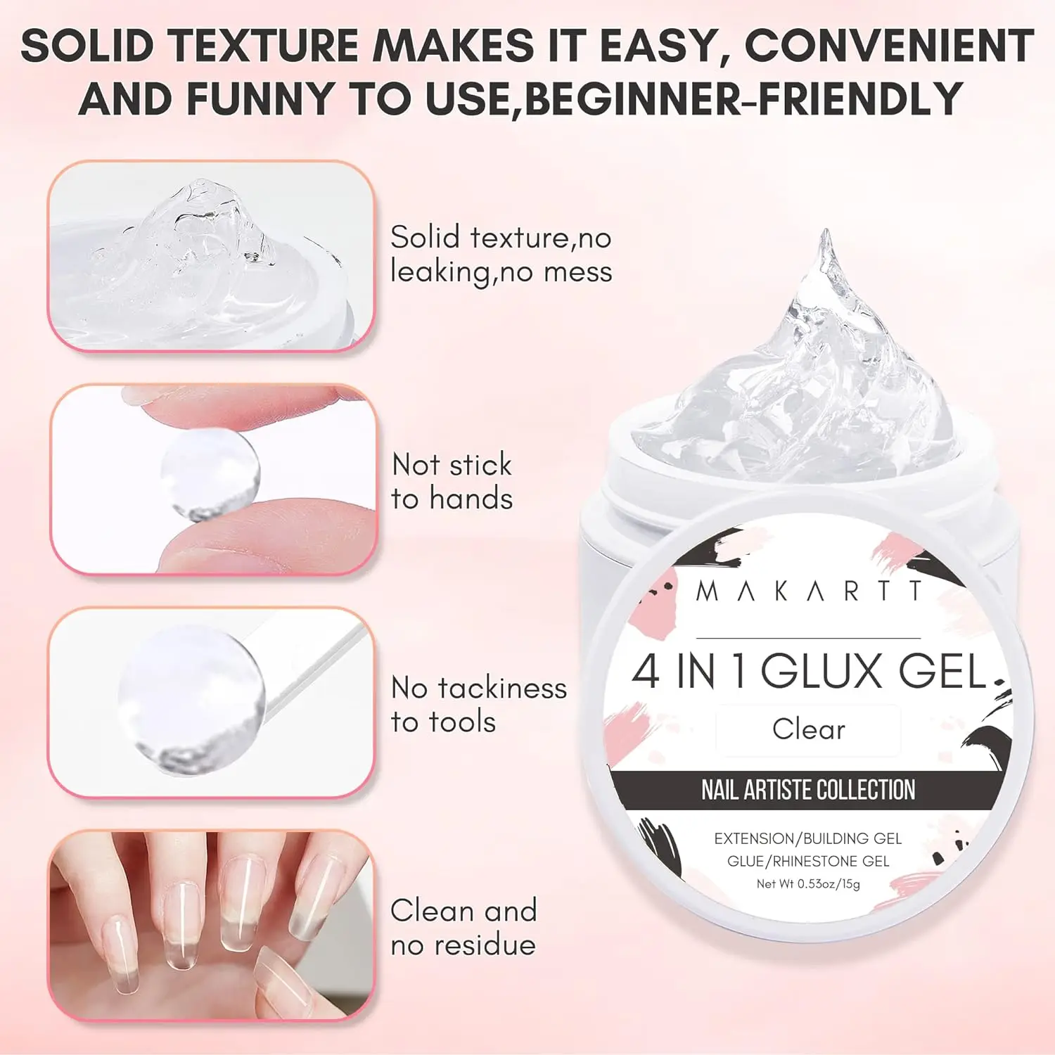 Solid Builder Gel Non Stick 15ML , Makartt 4 In 1 Glux Gel Hard Extension Gel Nail Polish for 3D Molding Nail Art UV/LED Lamp 5