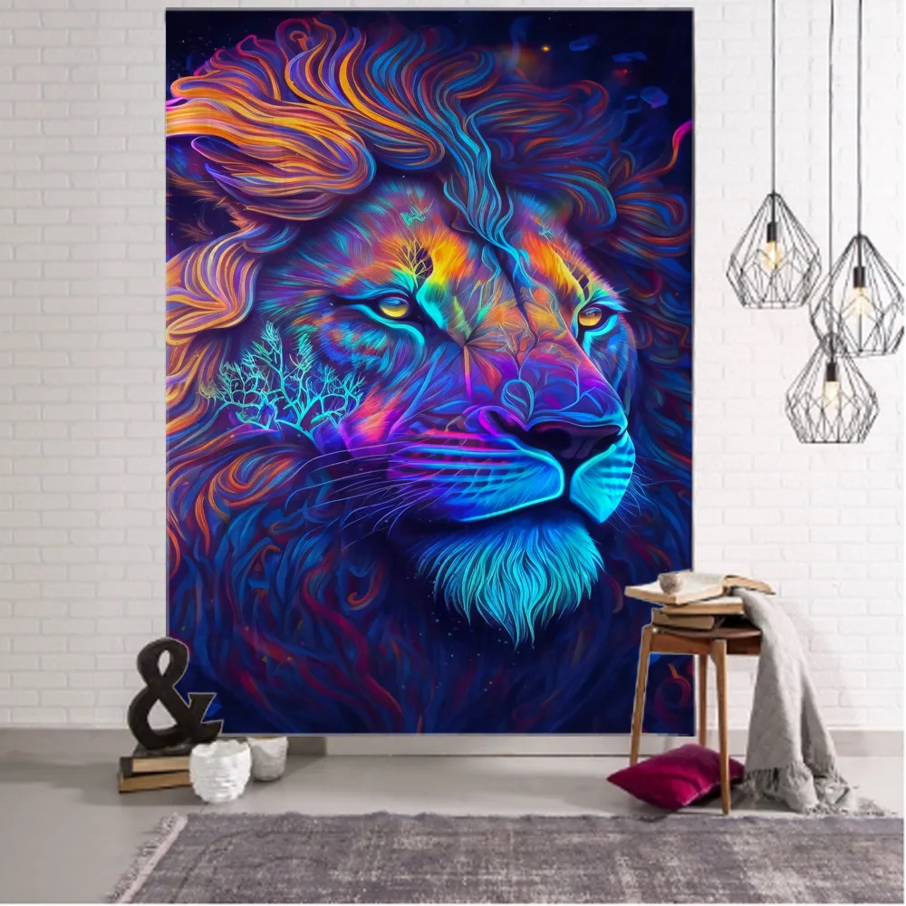 

Fierce lion wall tapestry, hippie wall hanging, Bohemian style, psychedelic cartoon, dormitory bedroom animal decoration cloth