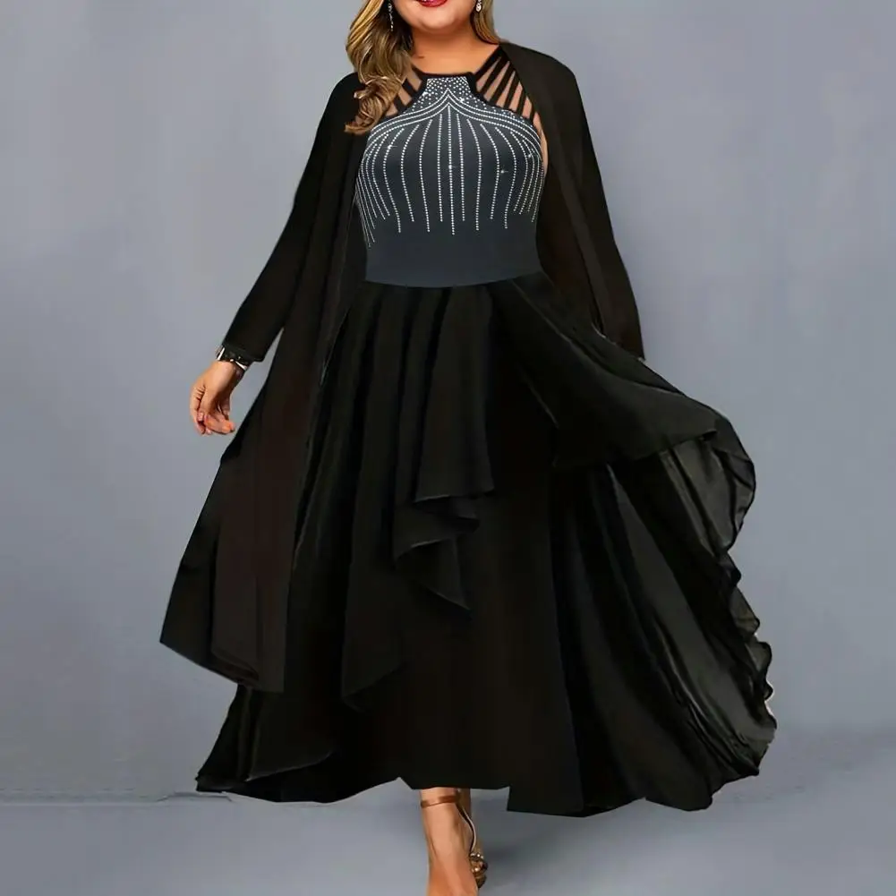 

2Pcs/Set Women Elegant Dress Coat Set Sleeveless Hollow Out Rhinestones Ruffle Hem Maxi Dress Long Sleeve Black Cardigan Set