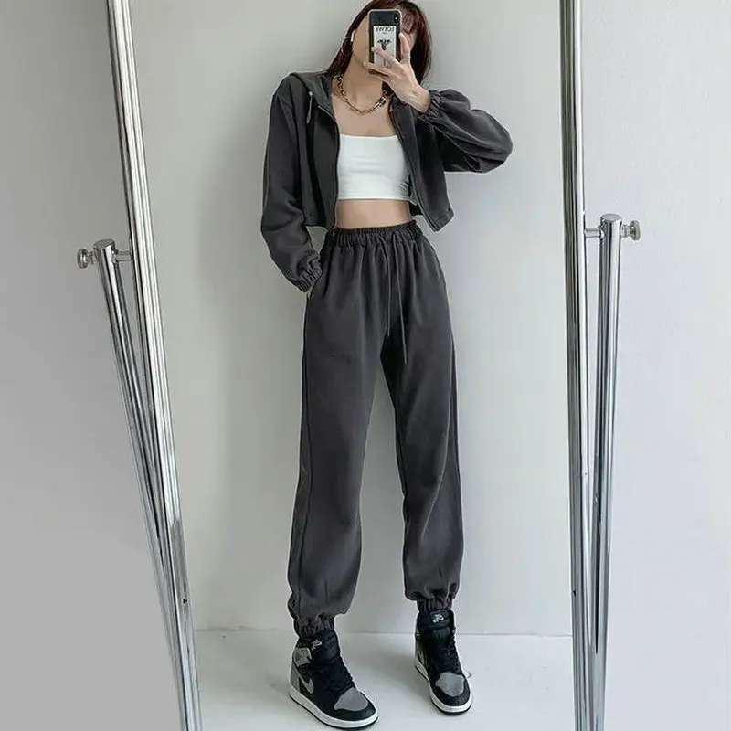 

Women Harajuku Cargo Pants Fashion Casual Two-piece Suit Long Sleeve+Casual Pants Men Punk Elastics Waist Trousers