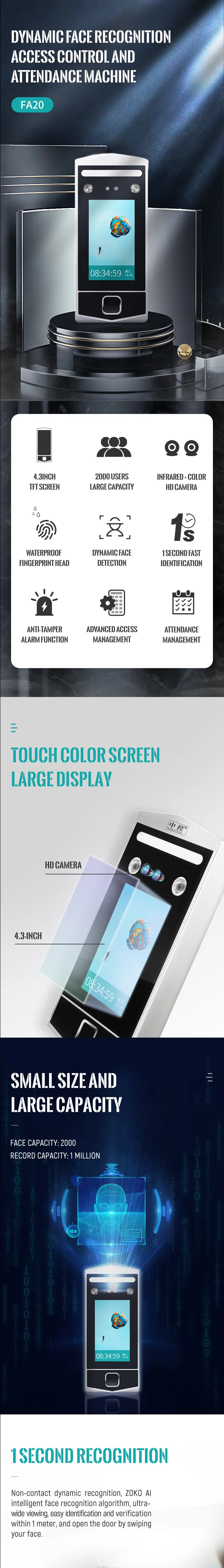 4.3Inch TFT Screen Dynamic Face & Fingerprint Recongintion Machine Door Access Control and Time Attendance System