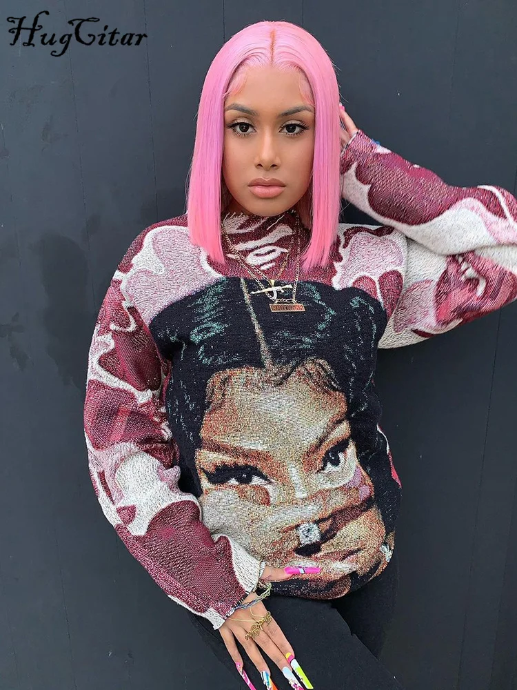 Hugcitar Print Long Sleeve Graphic Patchwork Oversize Sexy Crop Top Sweatshirts 2022 Fall Women