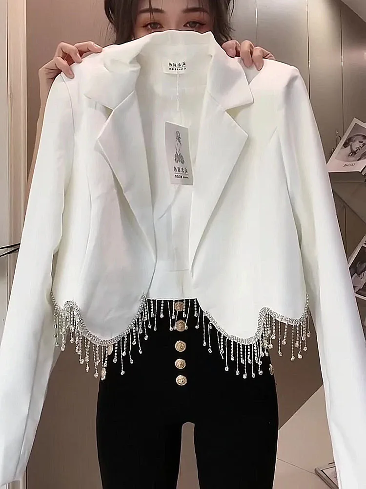 Cropped Jacket White Beaded Jacket Luxury Crystal Pendant Fringed
