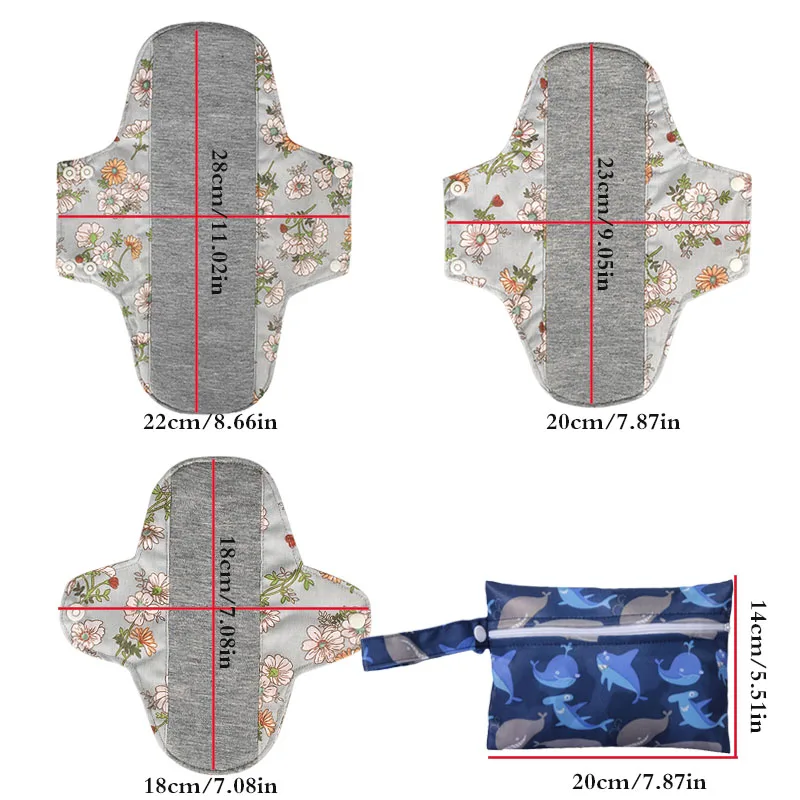 3pcs Sanitary Napkin Reusable Menstrual Pads Graphene Lining Sanitary Pad Women Hygiene Towels with 1pc Mini Wet Bag