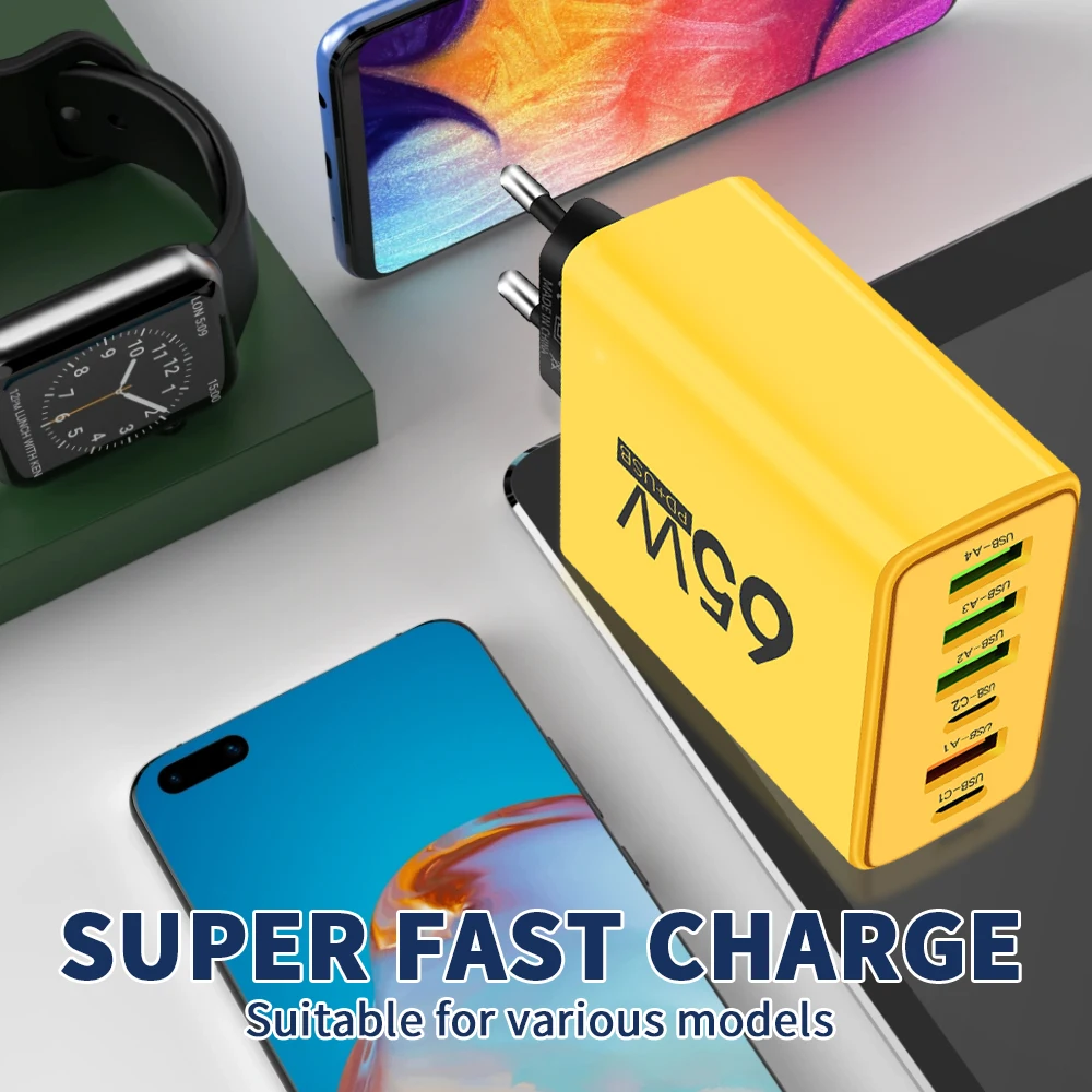 65W 6 Ports Power Charger Adapter for iPhone 15 Xiaomi 13 Samsung Huawei Tablet