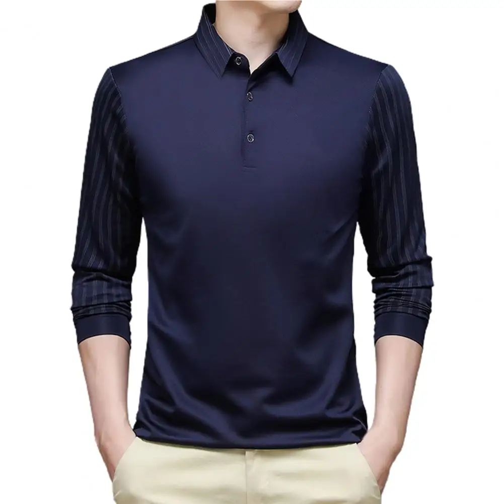 

Long Sleeve T Shirt Men Spring and Autumn Business Casual Slim Turn-down Collar Geometric Pattern Tshirt Men Clothing