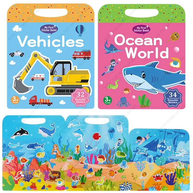 

Kids Reusable Sticker Book Multiple Scenarios Cartoon DIY Puzzle Educational Cognition Learning Toys for Boys Girls Age 2-4 Gift