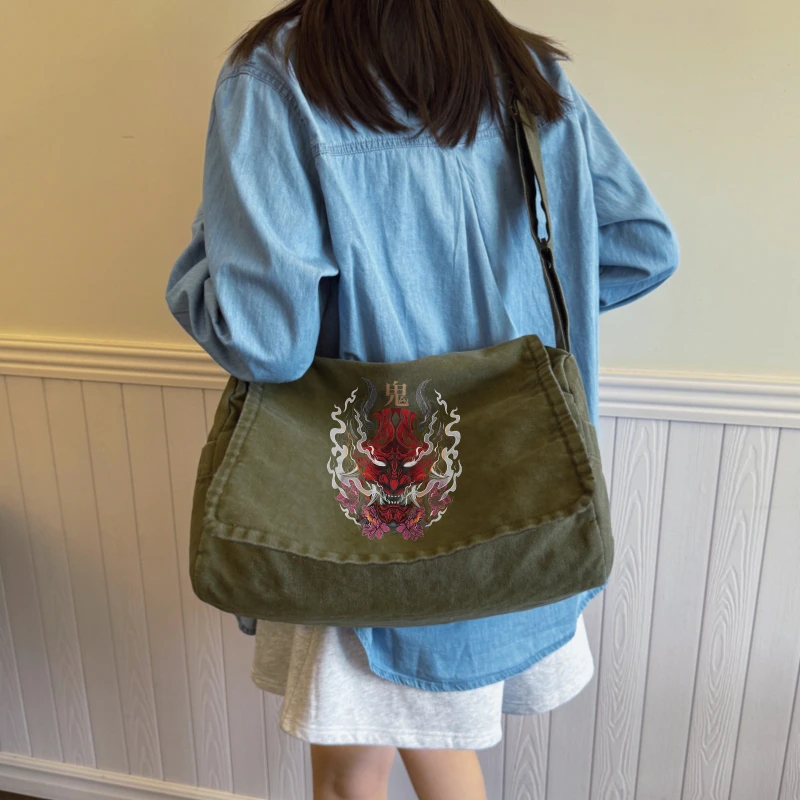 Vintage Men's Shoulder Bag Oni Print Canvas Large Capacity Crossbody Bag for Daily Travel Men's Messenger Bag