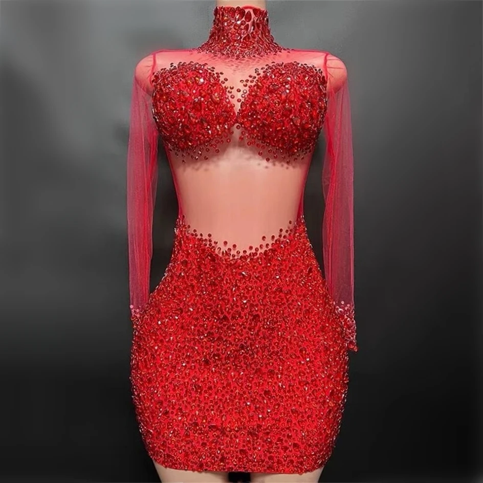 

Luxury Shining Diamonds Red Color Sexy See Through Mesh Dress Evening Party Performance Costume Nightclub Singer Dancer Stage