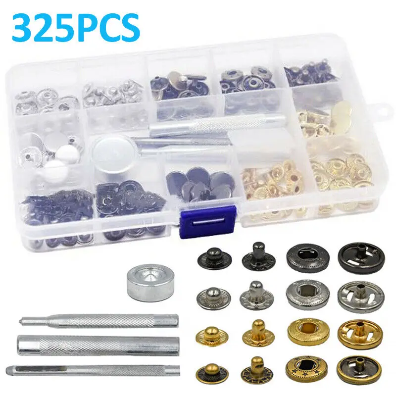 325PCS (80 set) Heavy Duty Snap Fasteners Press Studs Kit +Poppers Leather Button Tool For DIY Clothes Garment Bag Shoes 2