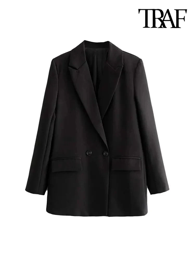 TRAF Women Chic Office Lady Double Breasted Blazer Vintage Coat Fashion Notched Collar Long Sleeve Ladies Outerwear Stylish Tops 5