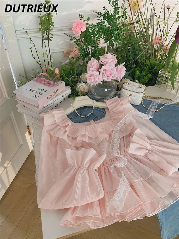 

Gentle Sweet Pink Ruffles Square Collar Flare Sleeve Blouse Cute Lolita Lace Shirt Spring Autumn New Blusas Mujer De Moda 2023