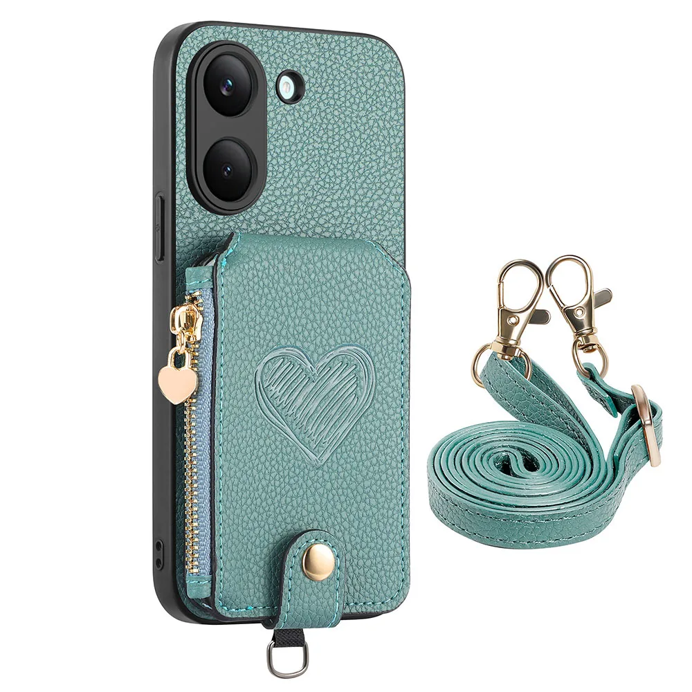 Leather Zipper Wallet Phone Case with Card Holder and Lanyard