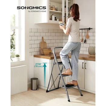 3-Step Folding Ladder with Safety Lock, 150kg Capacity (Dove Grey/White) 4