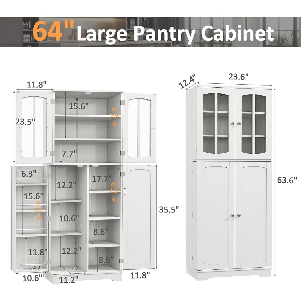 64" Tall Kitchen Pantry Storage Cabinet, Pantry Cabinet with Doors and Shelves, Modern Food Pantry Cabinet Cupboard, Storage Cab 2