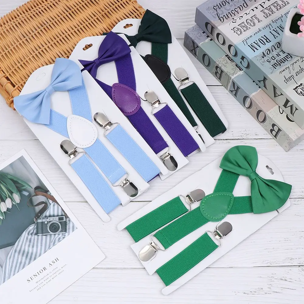 New Solid Color Suspenders For Children Boys Girls With Bow Tie Adjustable Straps Accessories For Wedding Ties Babies