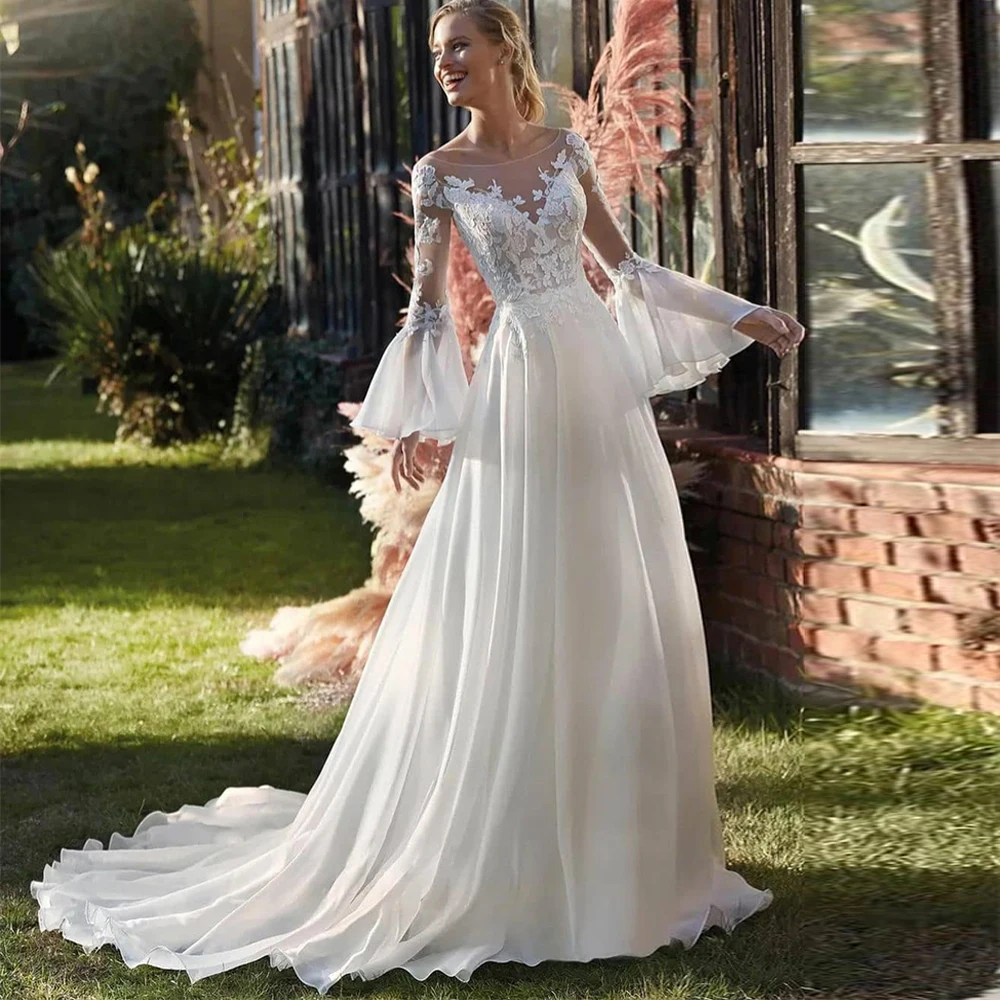 

Sexy V Neck Slik A Line Wedding Dresses Boho Applique Lace Country Bridal Gowns Backless Long Bride Dress for Women vestidos